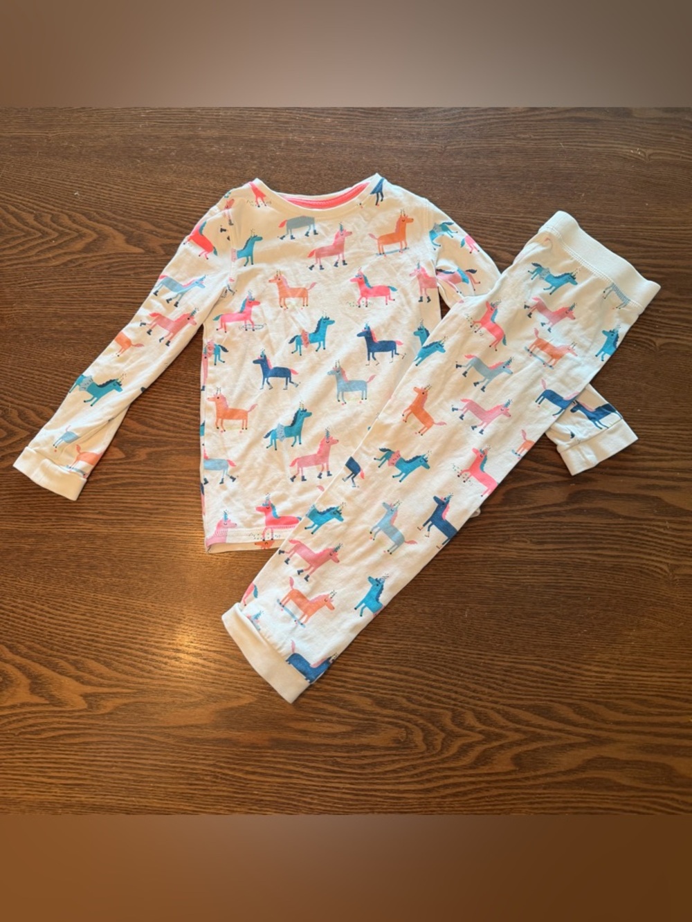 Marks & Spencer White Kids Pajama Set with Pink, Blue and Orange Unicorn Print
